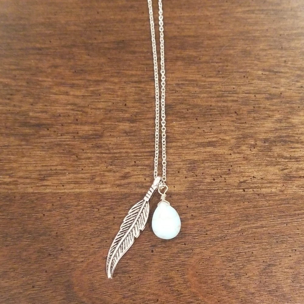 Boho/festival Feather & Turquoise Stone Silver Necklace